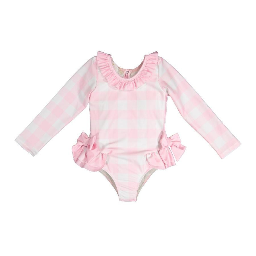 Sal & Pimenta Girls Swimsuit - Buffalo Check - Pink - Rashguard with Pink Bows at Hips
