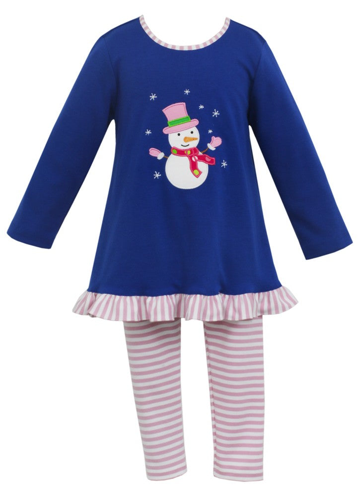 Claire & Charlie Girls Royal Blue Snowman Tunic Top with Pink Stripe Leggings