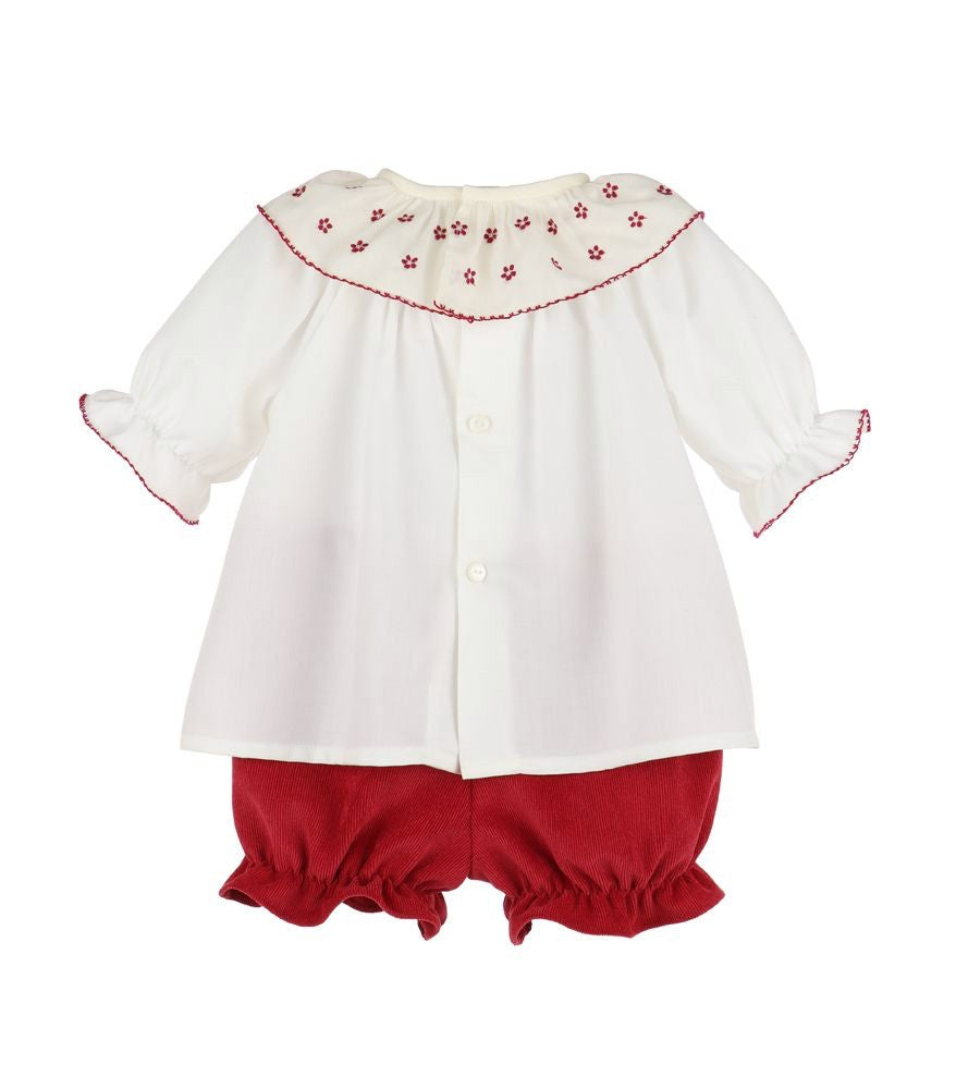 Luli & Me Girls Winterberry Cord Embroidered Bloomers Set - Red by Luli & Me