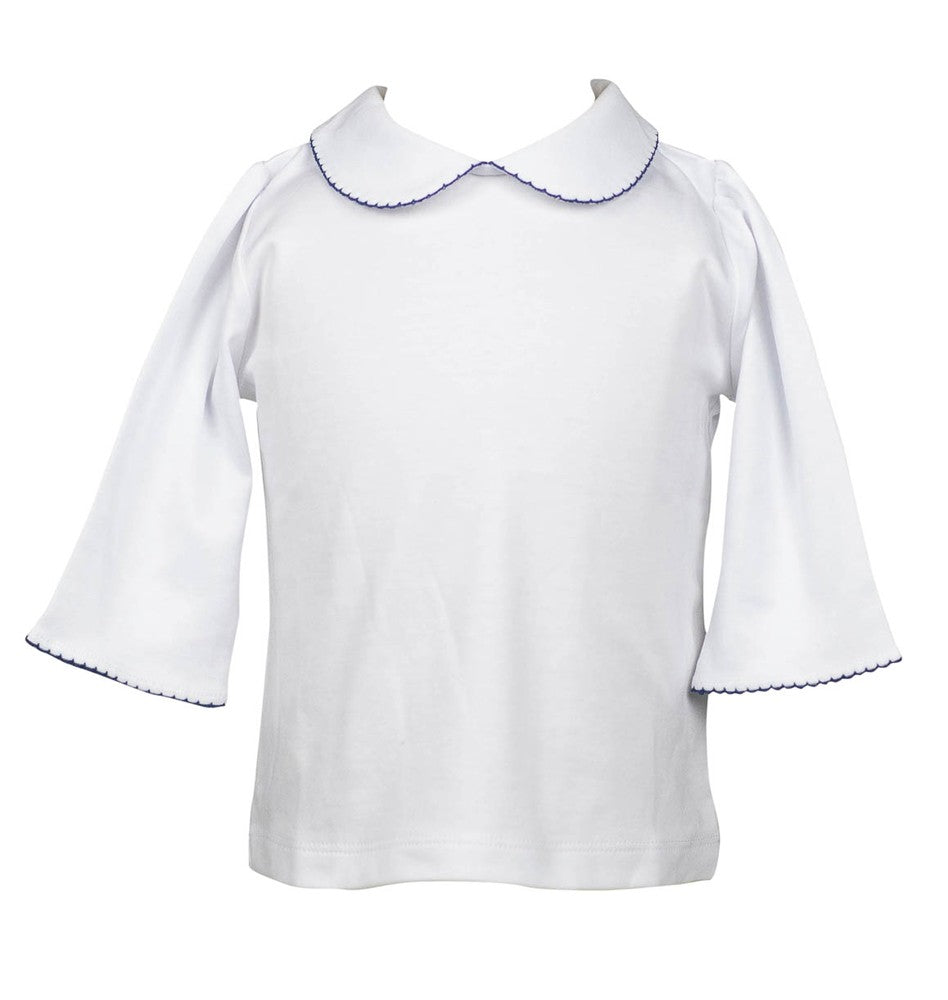 Proper Peony Girls White Knit Shirt - 3/4 Sleeves - Trimmed in Navy Blue