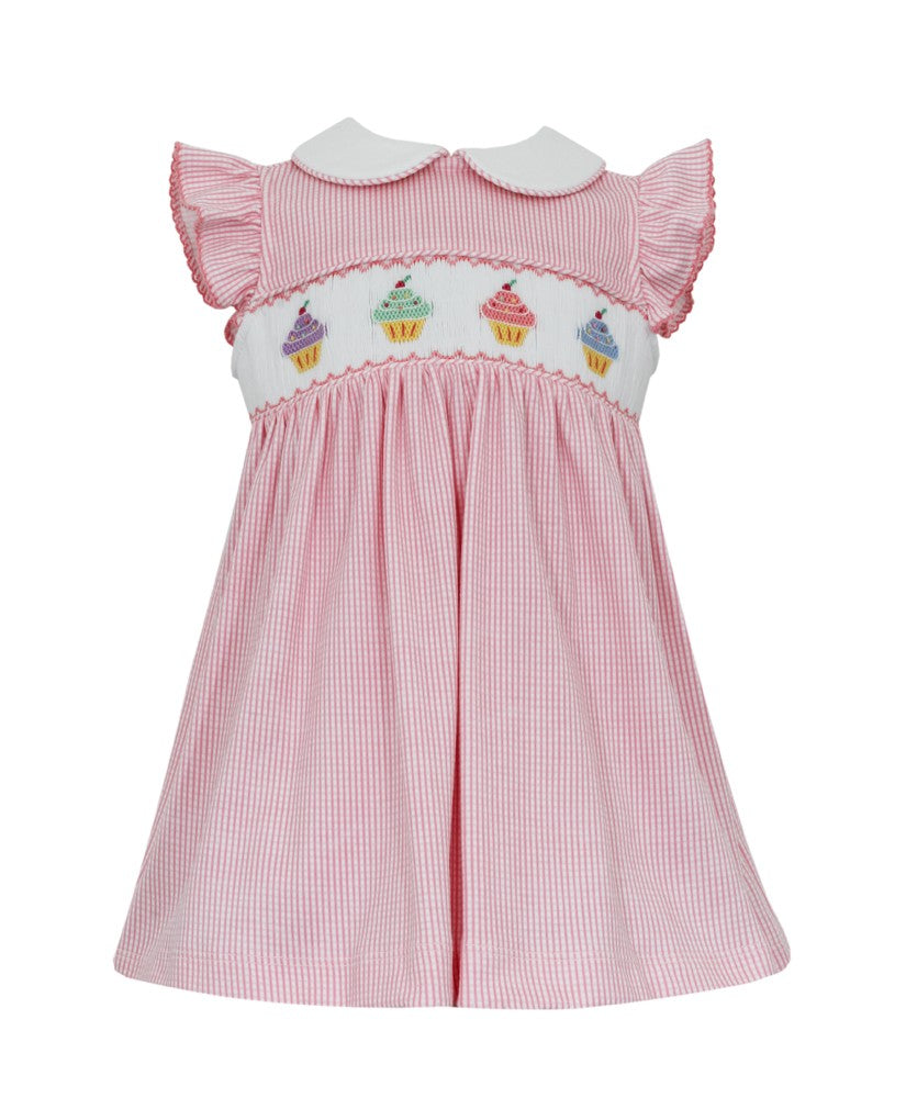 Petit Bebe Knits Baby Girls Pink Check Smocked Birthday Cupcakes Dress