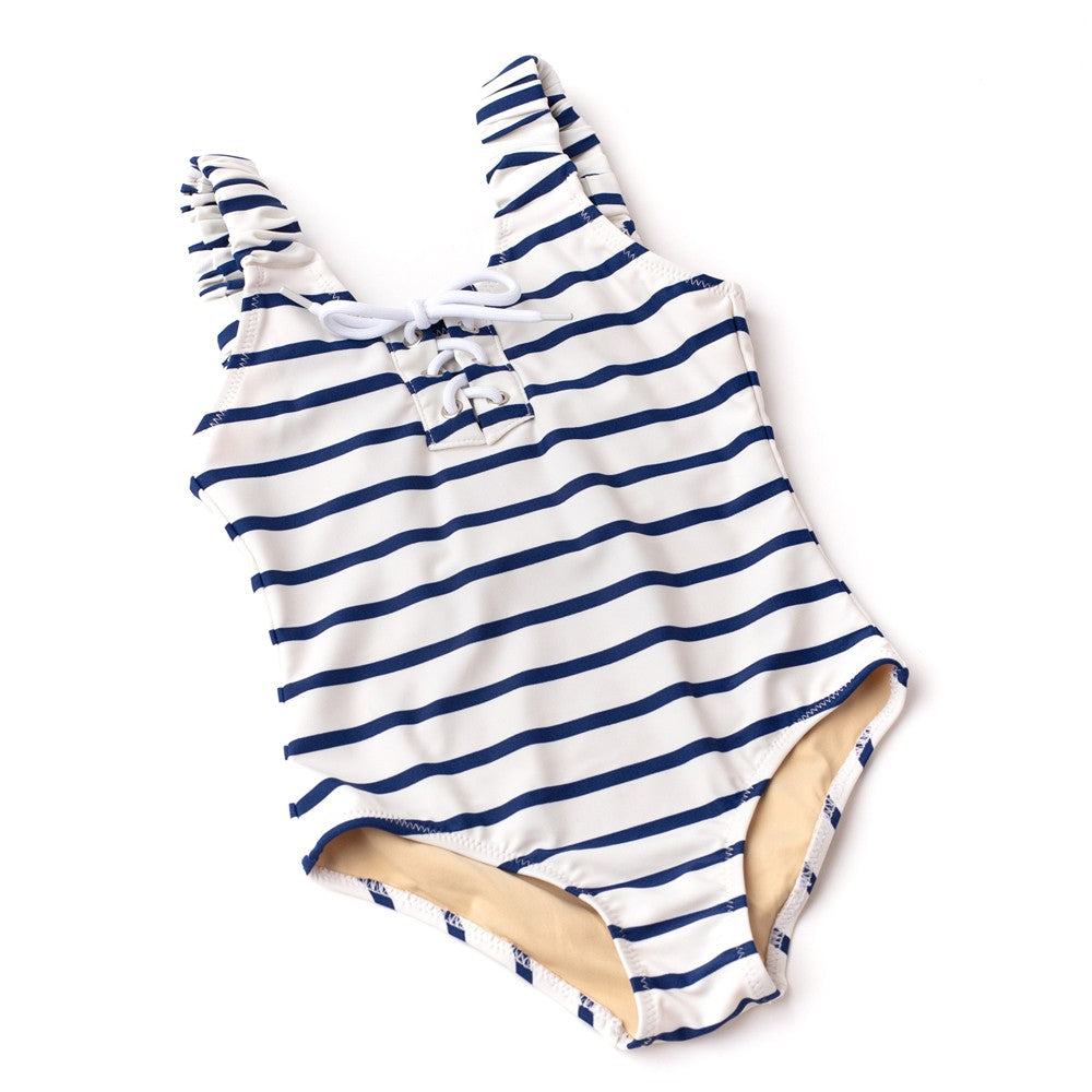 Shade Critters Girls One Piece Swimsuit - Blue Nautical Stripe Lace Up