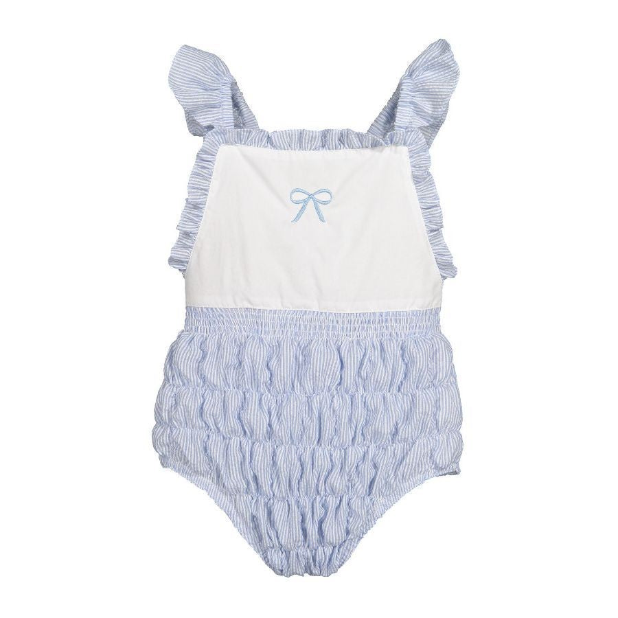 Sal & Pimenta Girls Seersucker Frilled Swimsuit - Embroidered Bow & Bow on Back - Blue