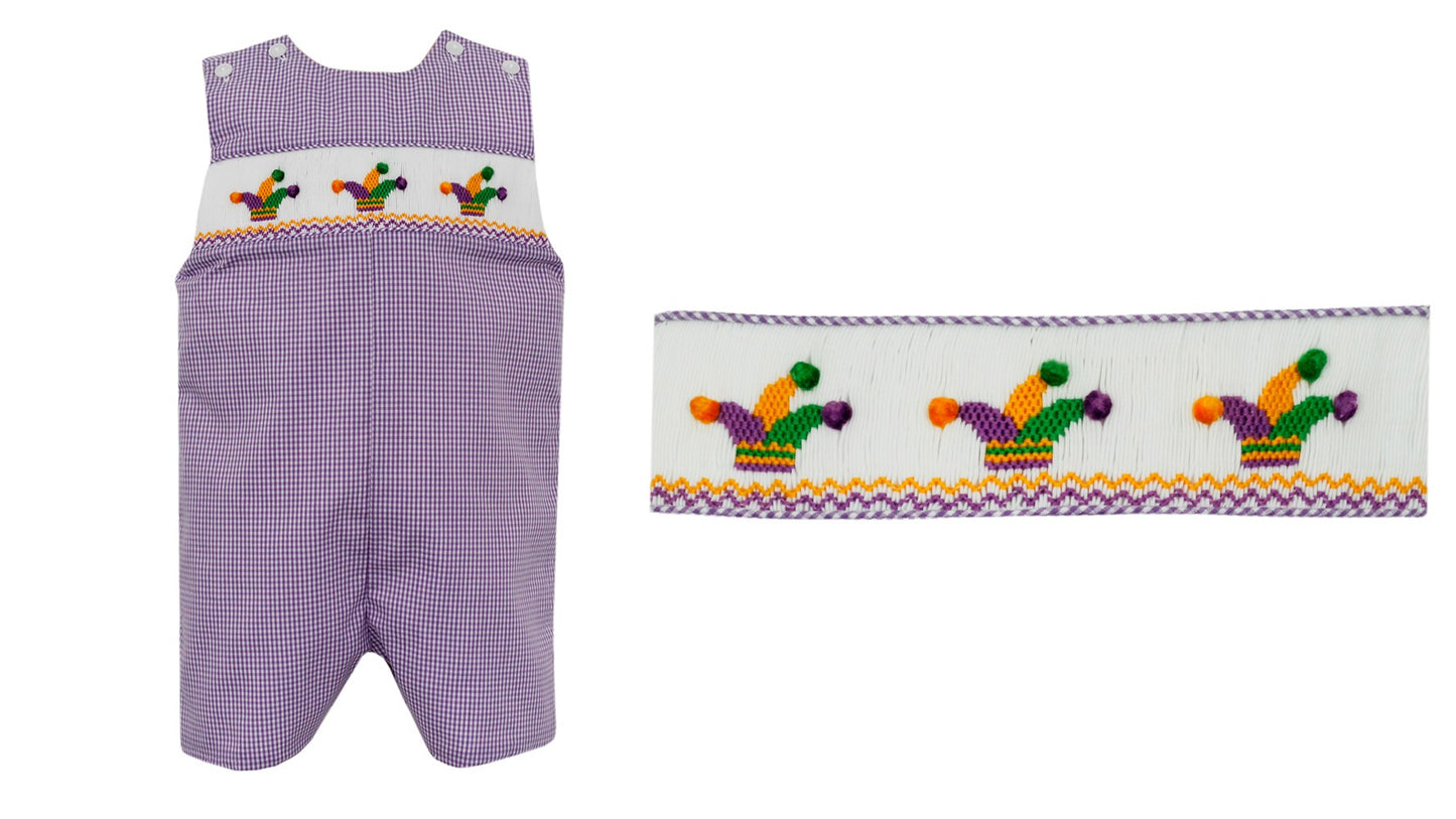 Petit Bebe Boys Purple Gingham Smocked Mardi Gras Jon Jon