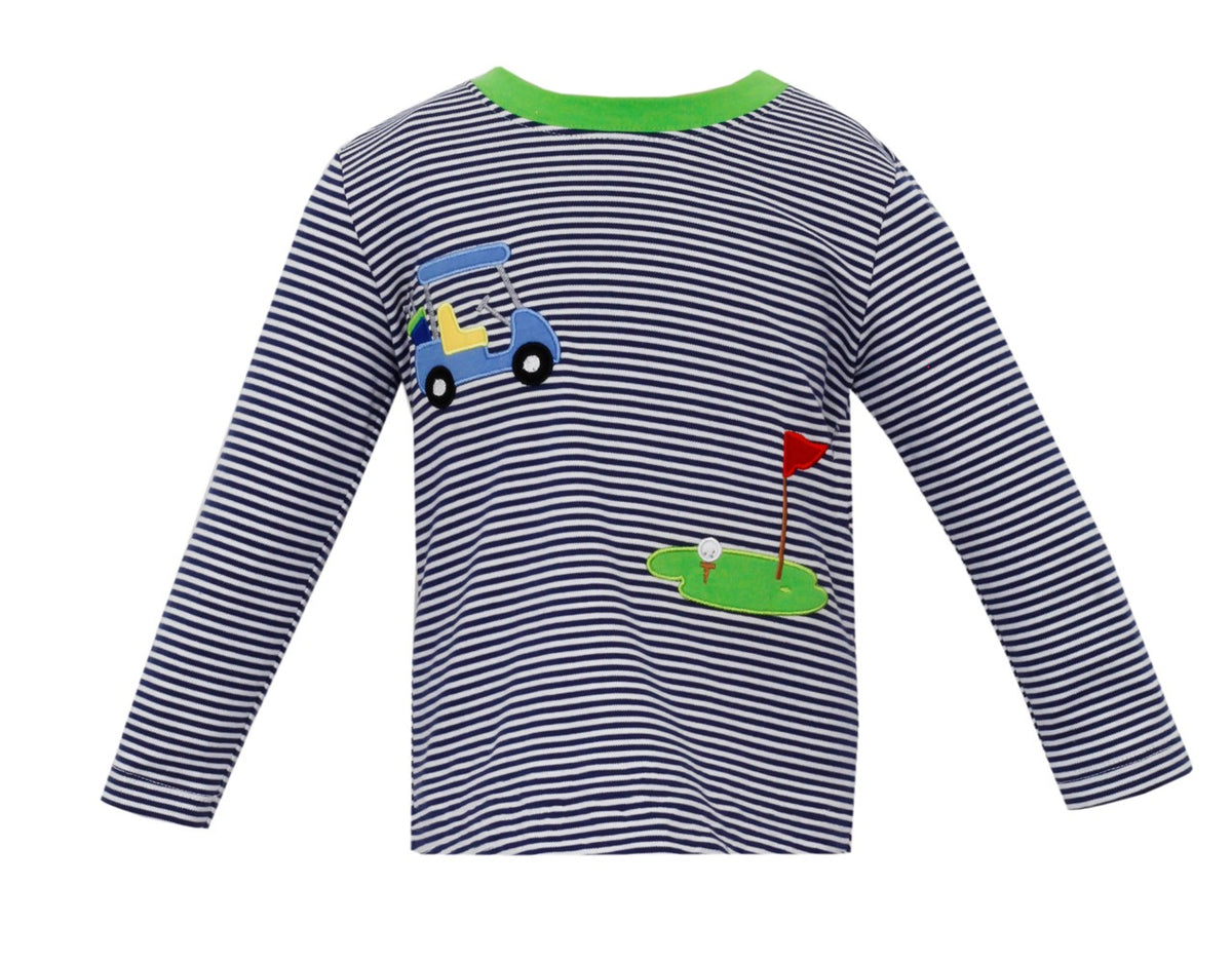Claire & Charlie Boys Navy Blue Striped Shirt - Golf Applique by Claire & Charlie