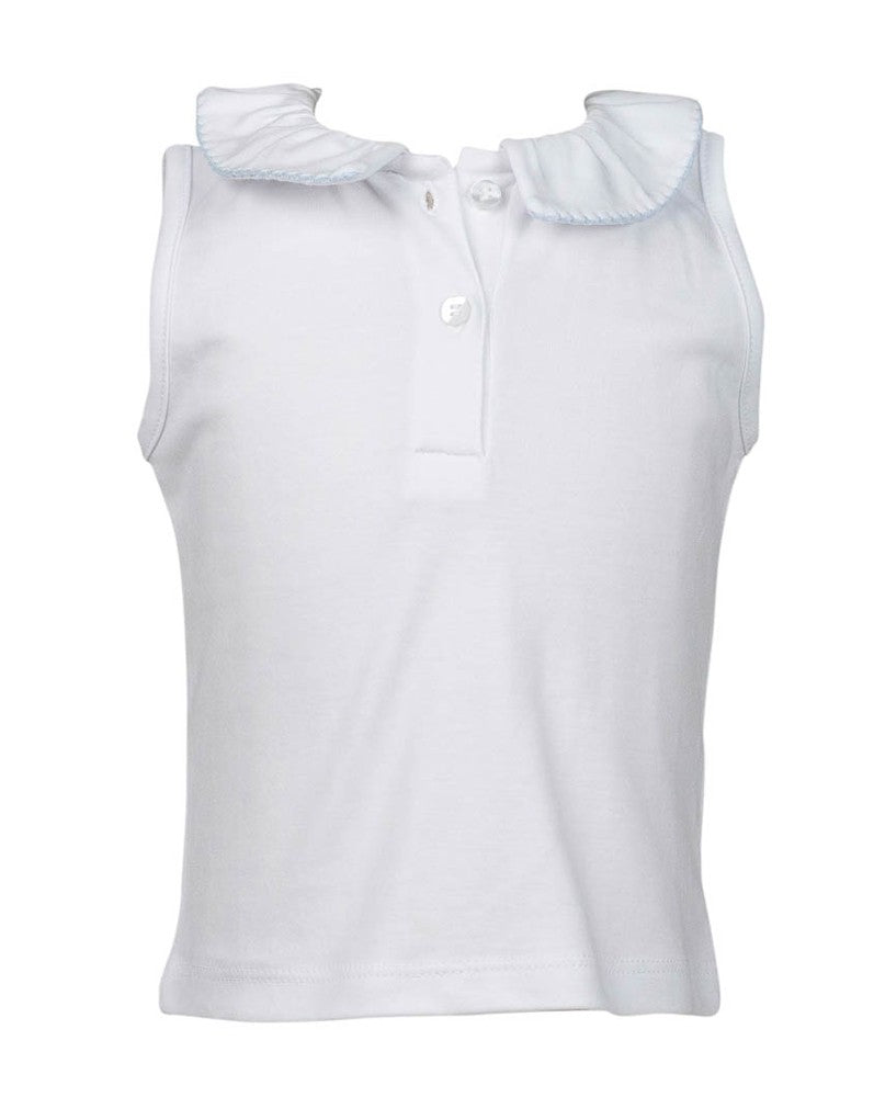 Proper Peony Girls Sleeveless White Pima Top - Collar Trimmed in Light Blue