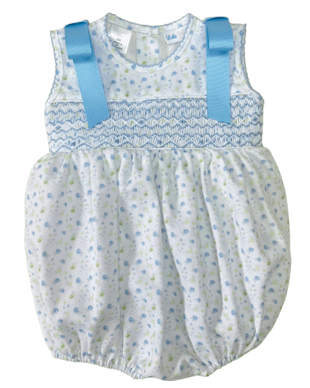 LuLu BeBe Baby Girls Rose Floral Smocked Bubble - Bows on Shoulders - Blue