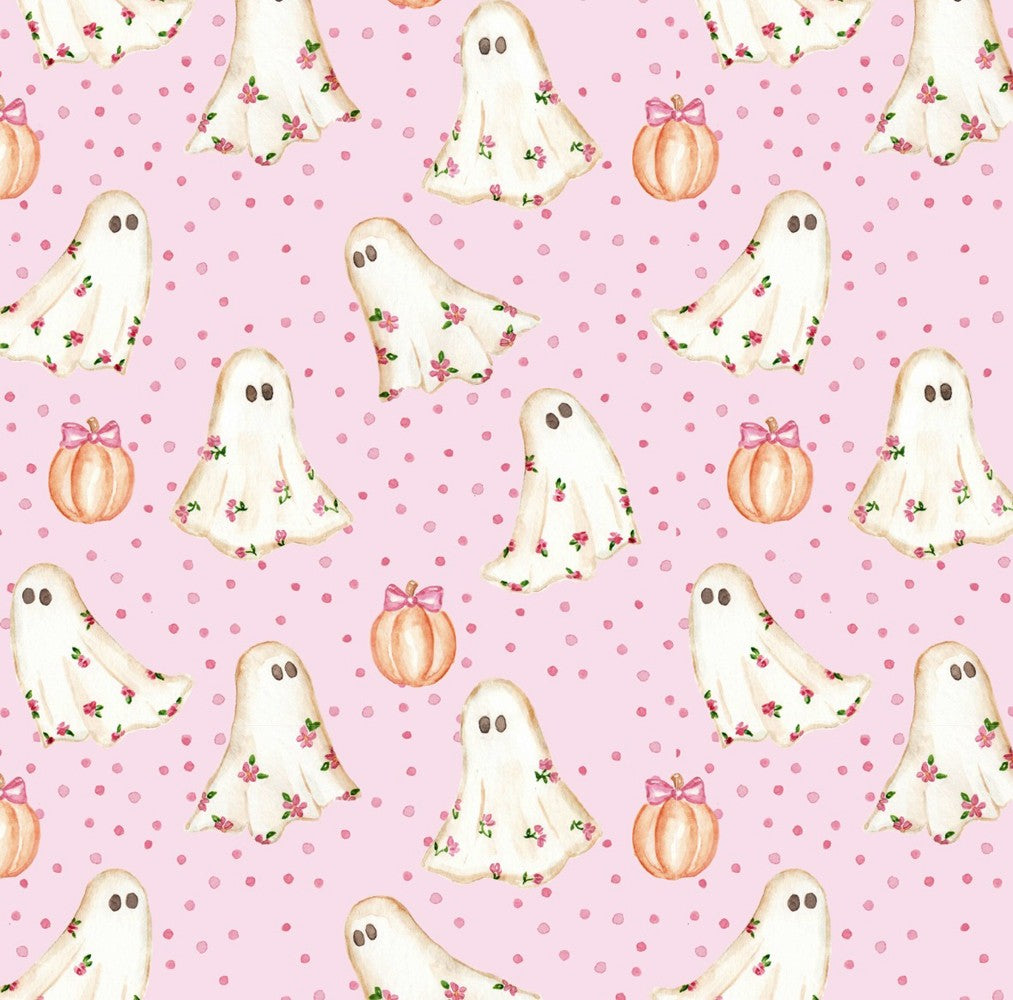 James & Lottie Girls Loren Drop Waist Dress - Pink Halloween Ghosts