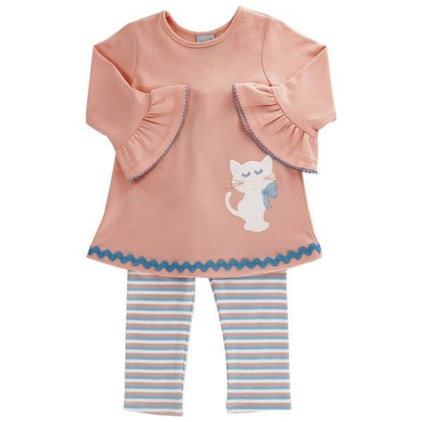 Bailey Boys Girls Striped Leggings with Coral Prissy Kitty Cat Tunic Top