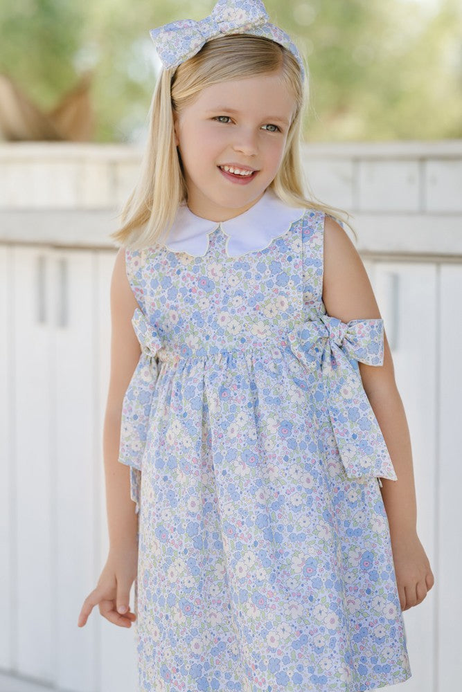 Sal & Pimenta Girls Dress - Blue & Yellow Cupcakes Floral - Scallop Collar & Side Bows