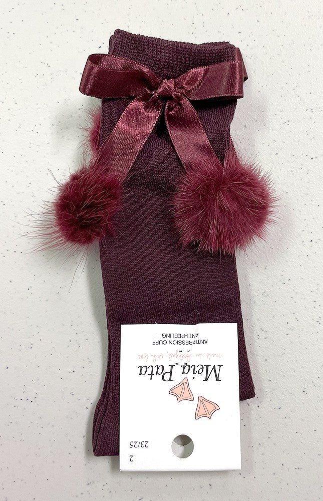 Meia Pata Girls Socks - Knee High - Satin Bow & Faux Fur Pom Poms - Burgundy Bordeaux