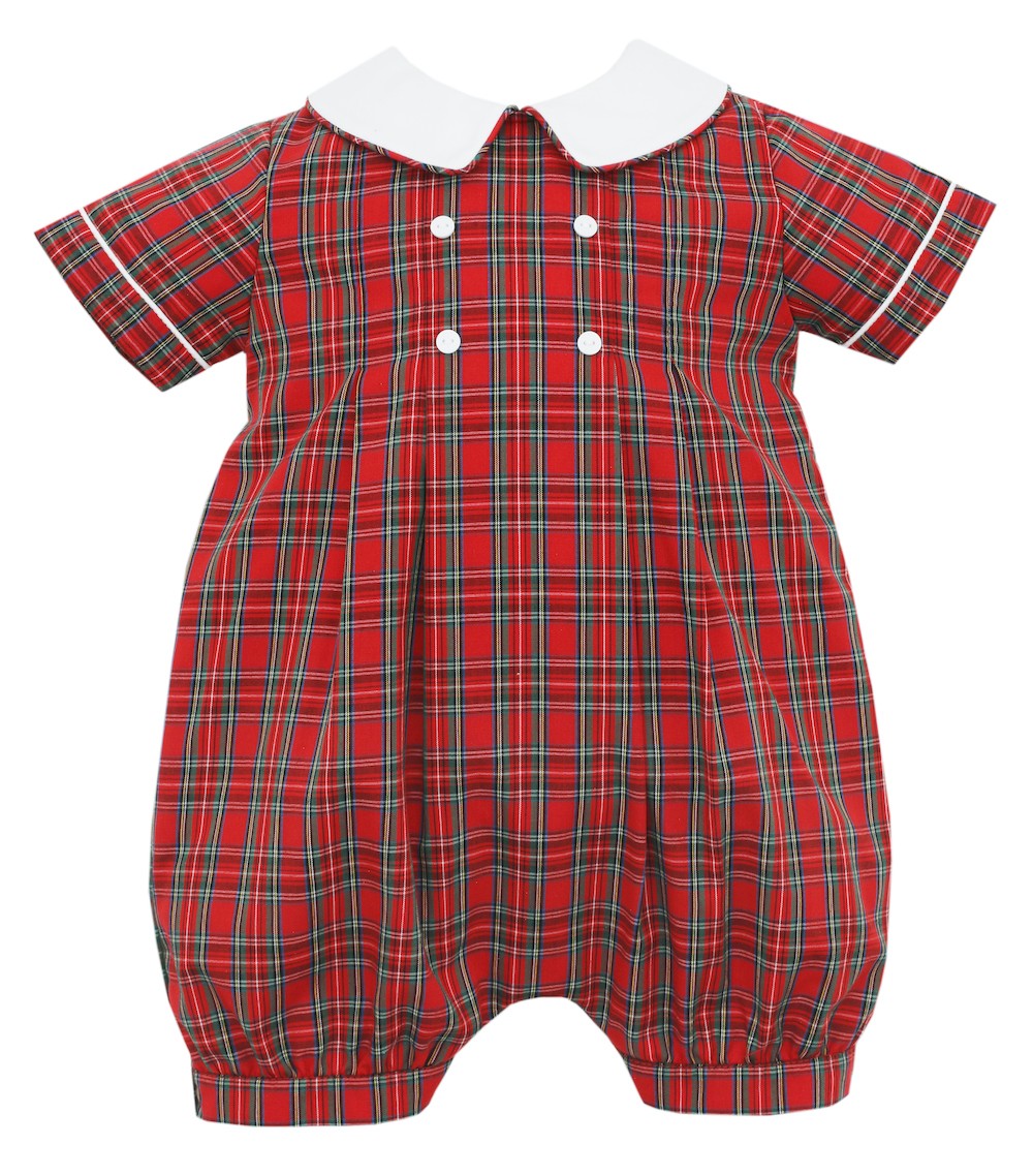 Anavini Couture Baby Boys Red Holiday Plaid Bubble with White Collar