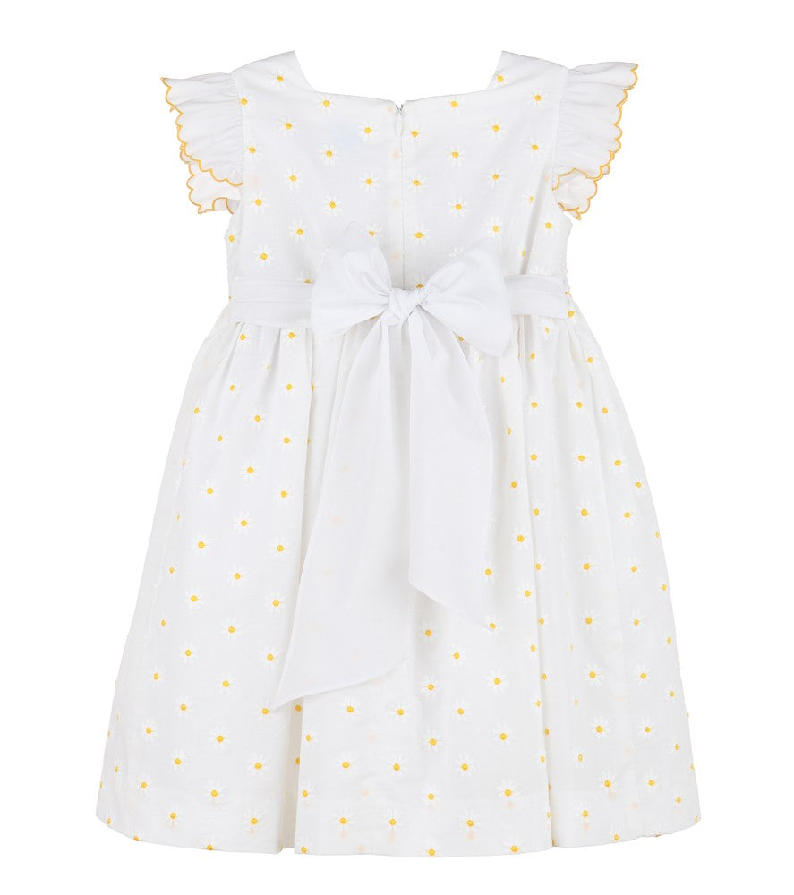 Luli & Me White Girls White Embroidered Yellow Daisy Smocked Dress - Flutter Sleeves by Luli & Me