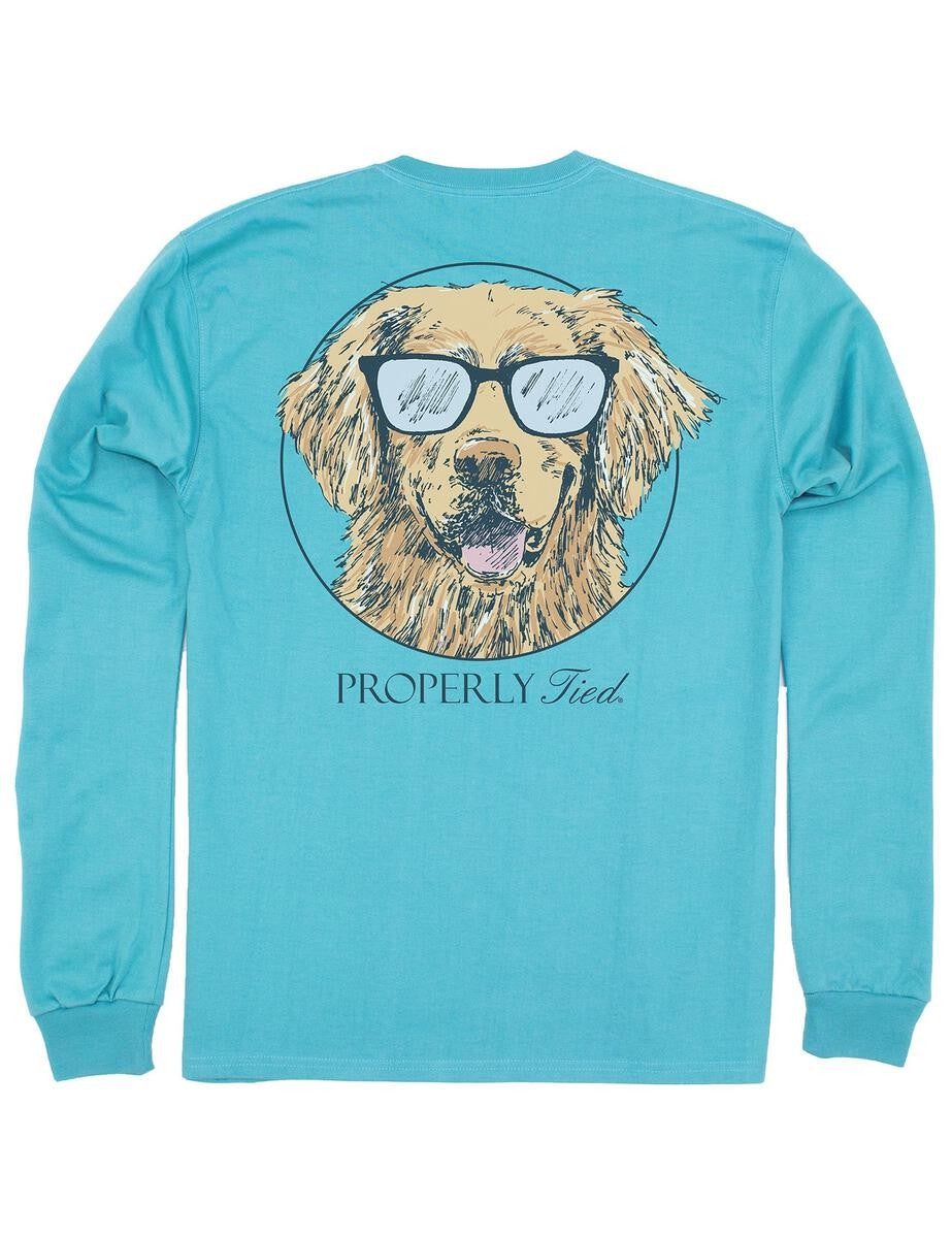 Properly Tied Tee Shirt - Long Sleeved - Logo Pocket on Front - Back Graphic - Emerald Cool Dog by Properly Tied