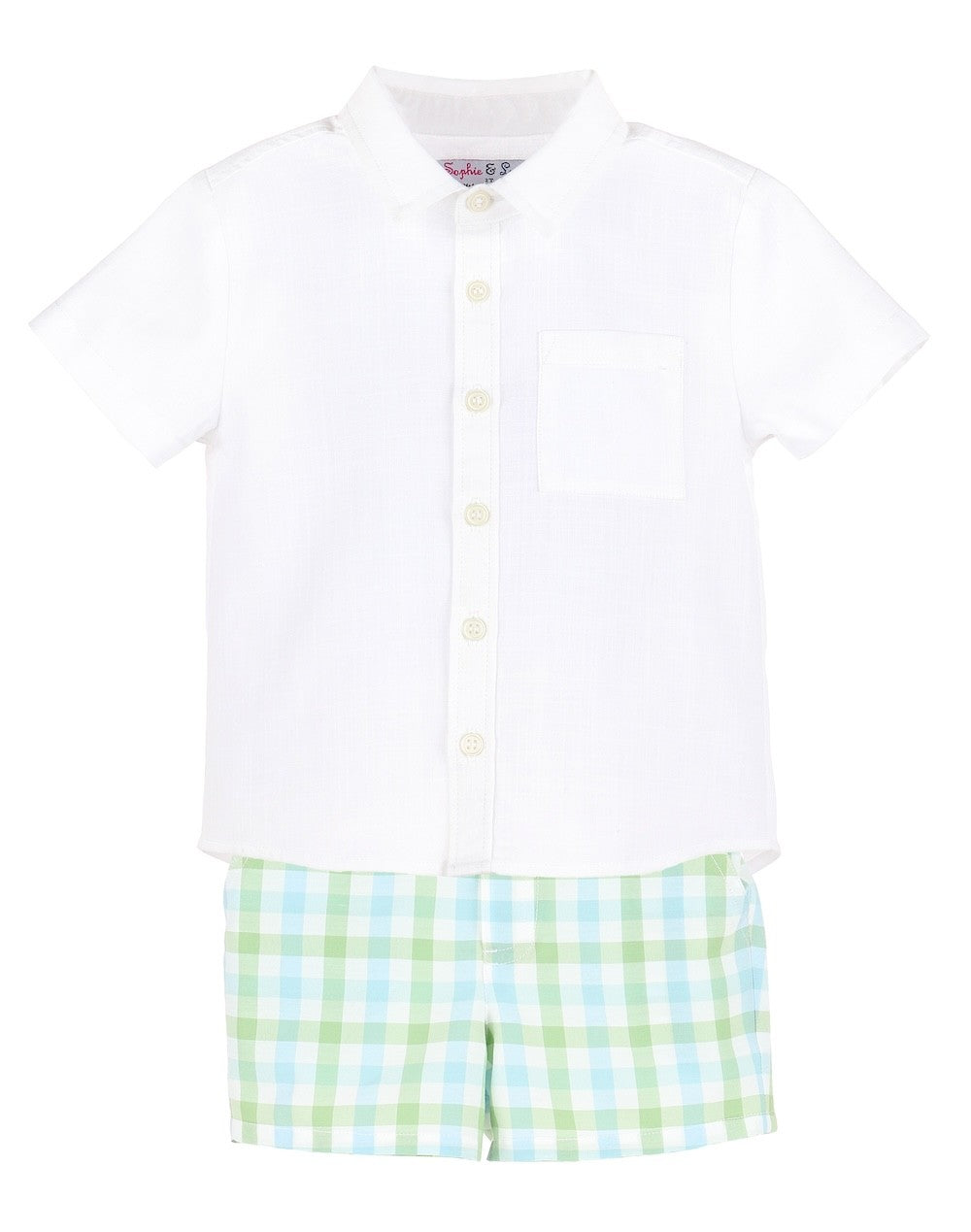 Sophie & Lucas Boys Short Set - Blue & Green Plaid Shorts with Shirt