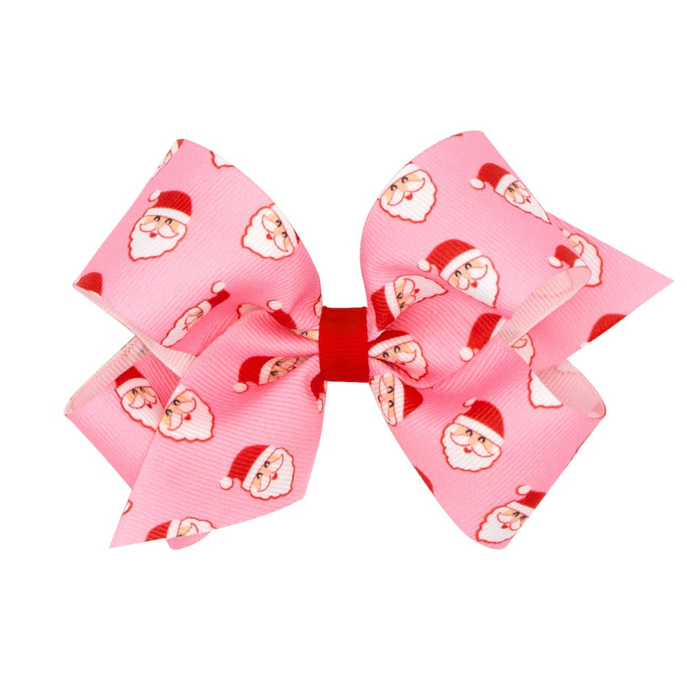 Wee Ones Girls Christmas Hair Bow - Santa Claus Print on Pink