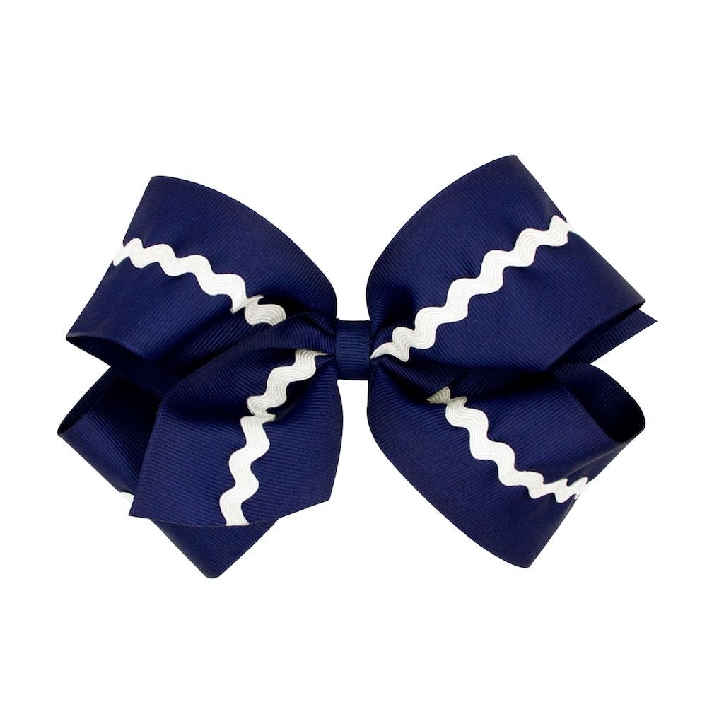 Wee Ones Girls Grosgrain Bow - Navy Blue with White Rick Rack