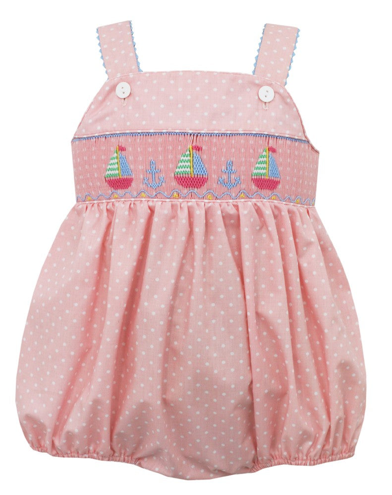 Anavini Baby Girls Coral / White Dots Smocked Sailboats Bubble