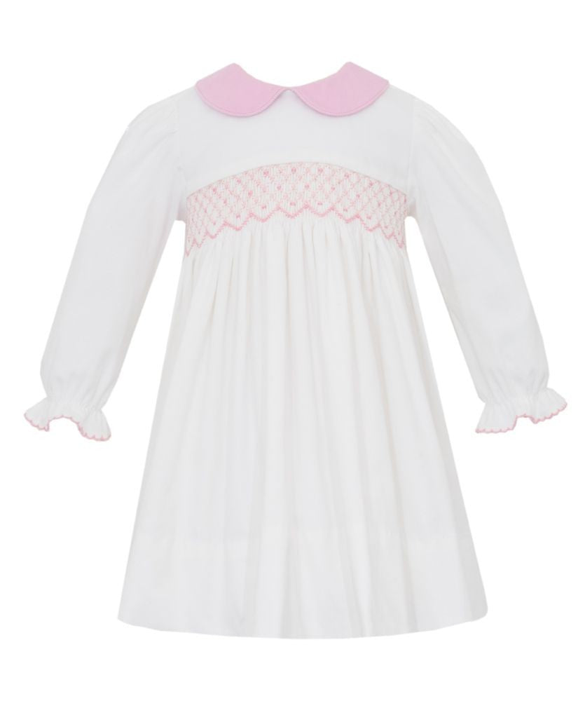Petit Bebe Girls Winter White Corduroy Dress - Pink Collar - Smocked in Pink by Petit Bebe