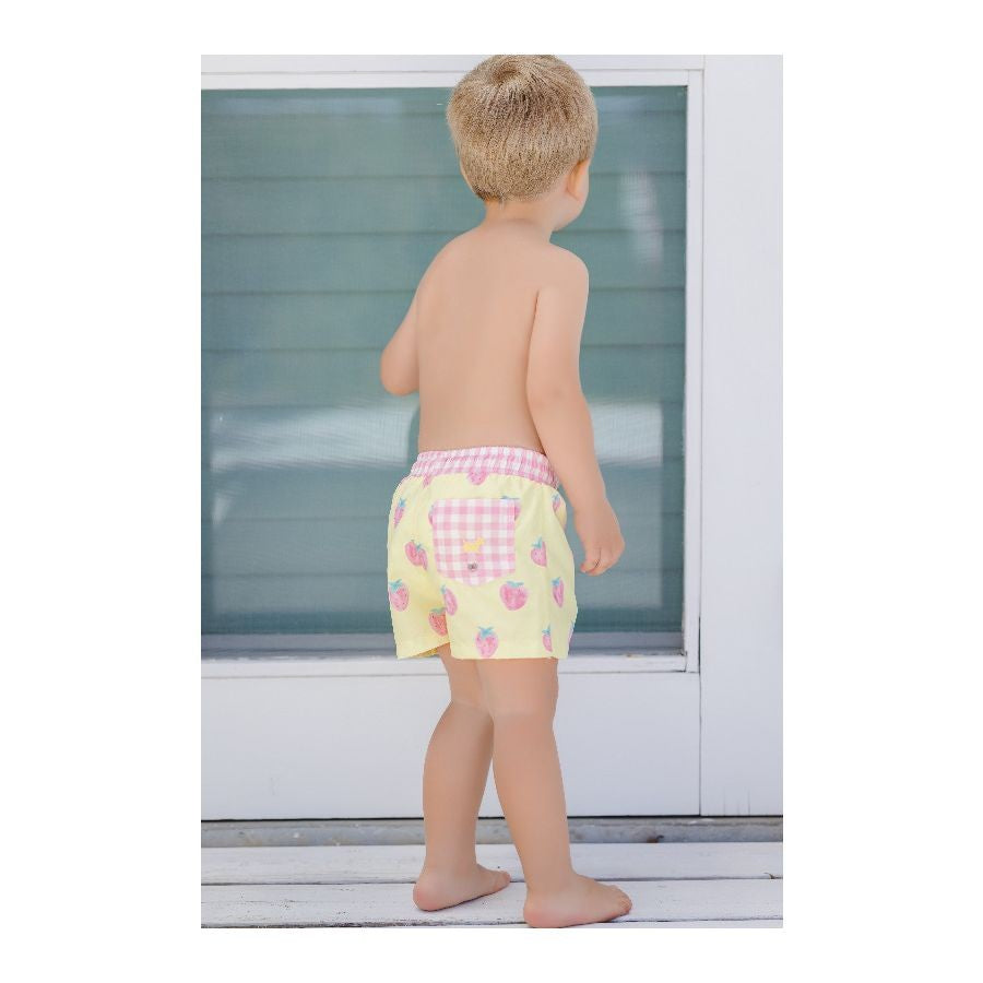 Sal & Pimenta Boys Swim Trunks - Yellow with Pink Pastel Berry - Gingham Trim
