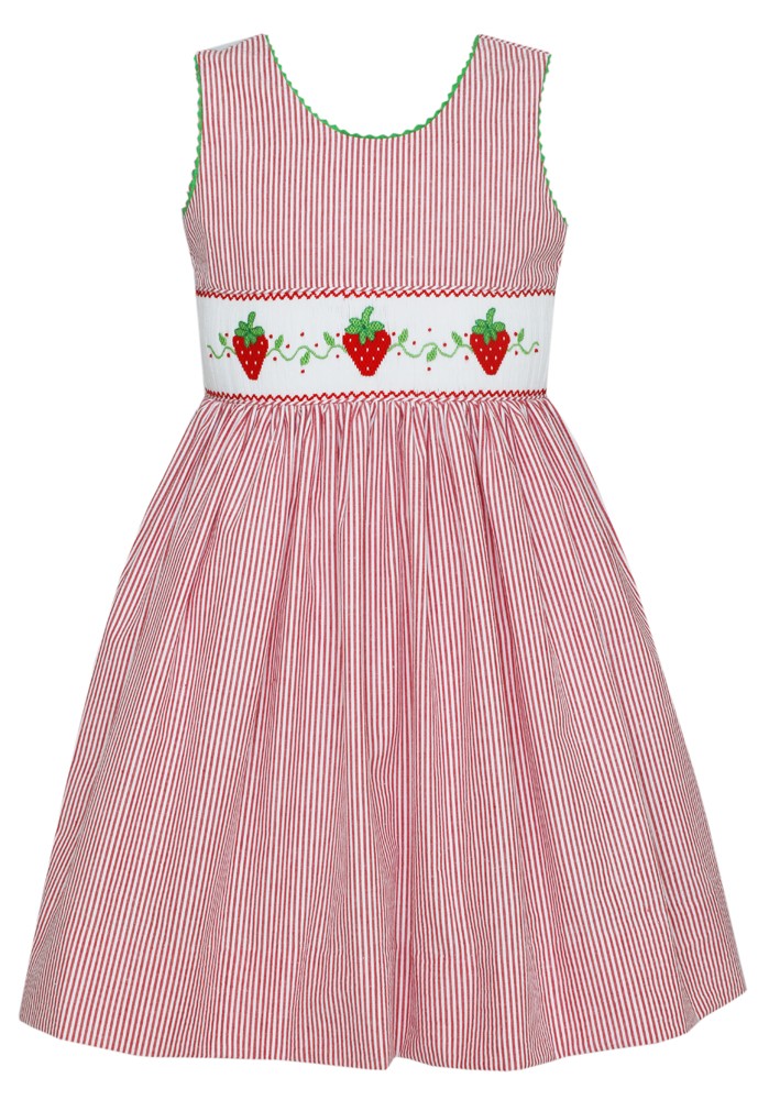 Anavini Girls Red Stripe Smocked Strawberry Sun Dress - Bow on Back