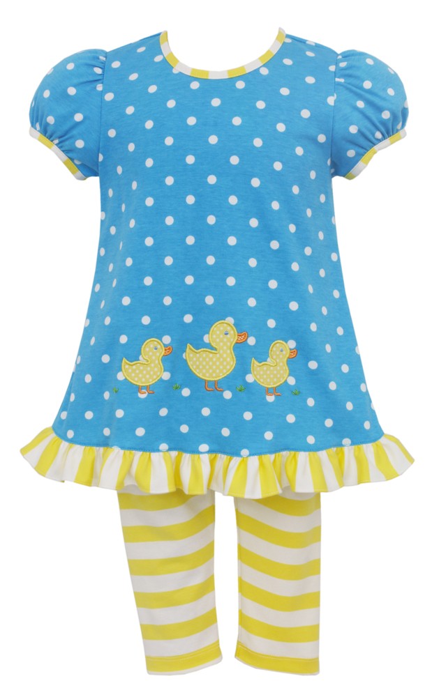 Claire & Charlie Girls Turquoise Dot Knit Duckies Tunic with Yellow Stripe Leggings