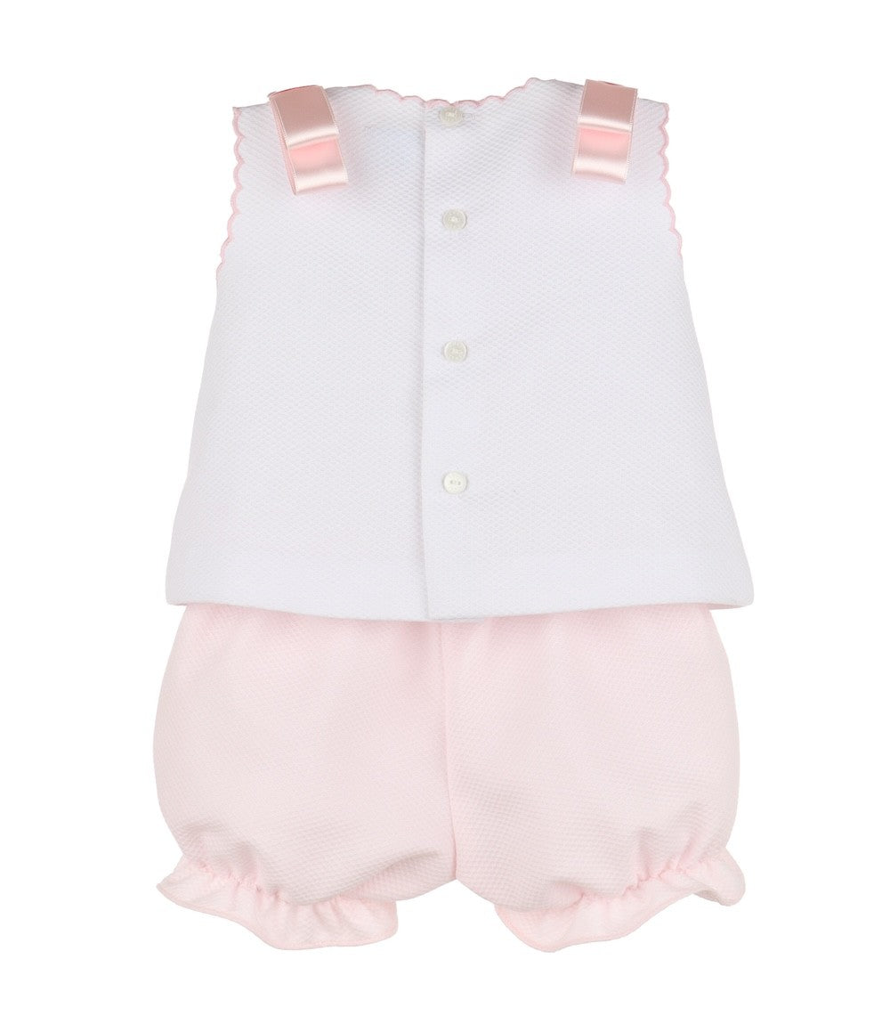 Luli & Me Baby Girls Pique Embroidered Bloomers Set - Bows on Shoulders - Pink
