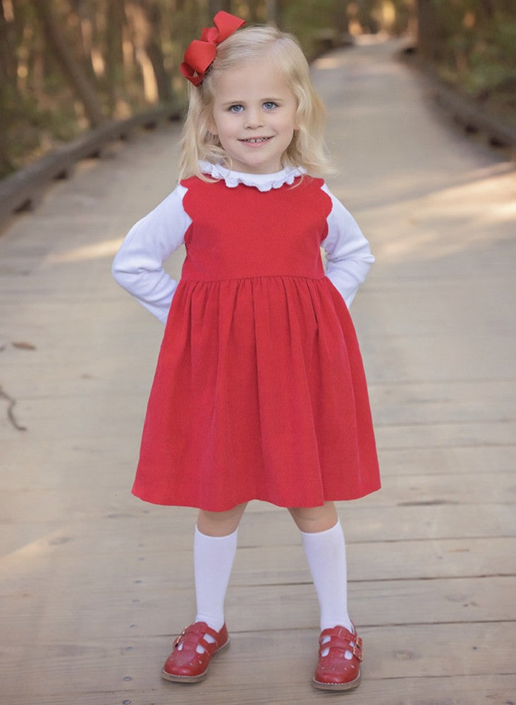James & Lottie Girls Savannah Scallop Jumper Dress - Red