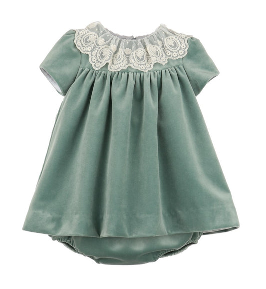 Luli & Me Girls Deluxe Velvet Float Dress - Lace Collar - Aqua Sage Green