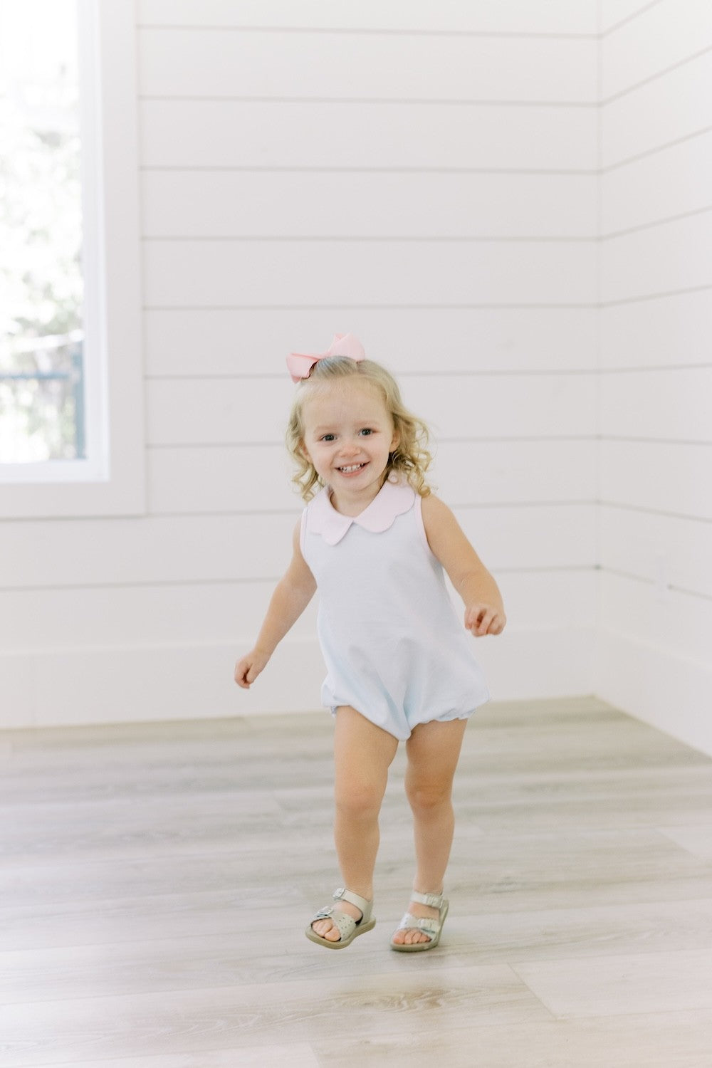 Proper Peony Pima Baby Girls Light Blue Stripe Scallop Collar Bubble
