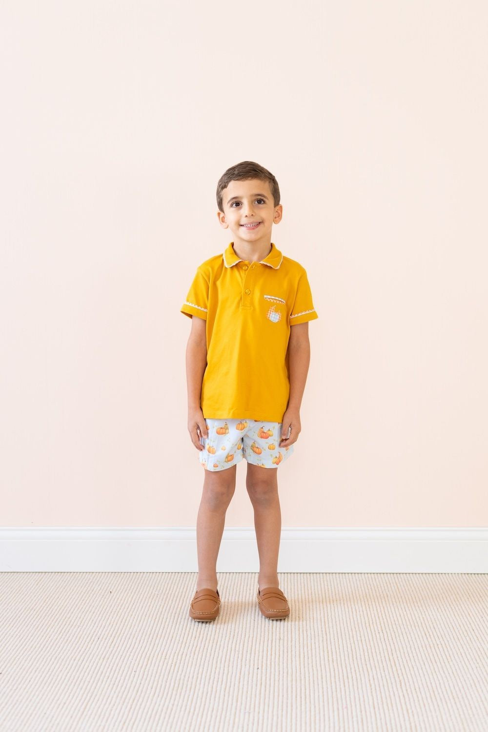 La Boutique by Dondolo Boys Short Set - Orange Polo Shirt & Pumpkins Shorts