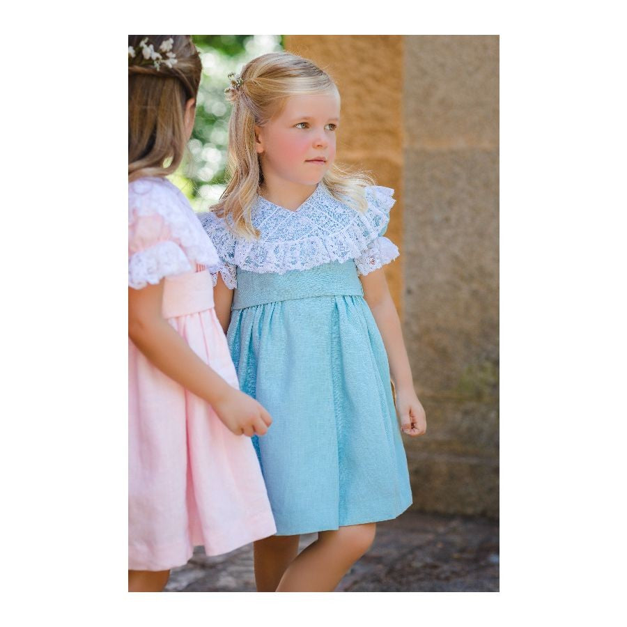 Sal & Pimenta Girls Dress - Turquoise Linen - Crossed Lace Collar