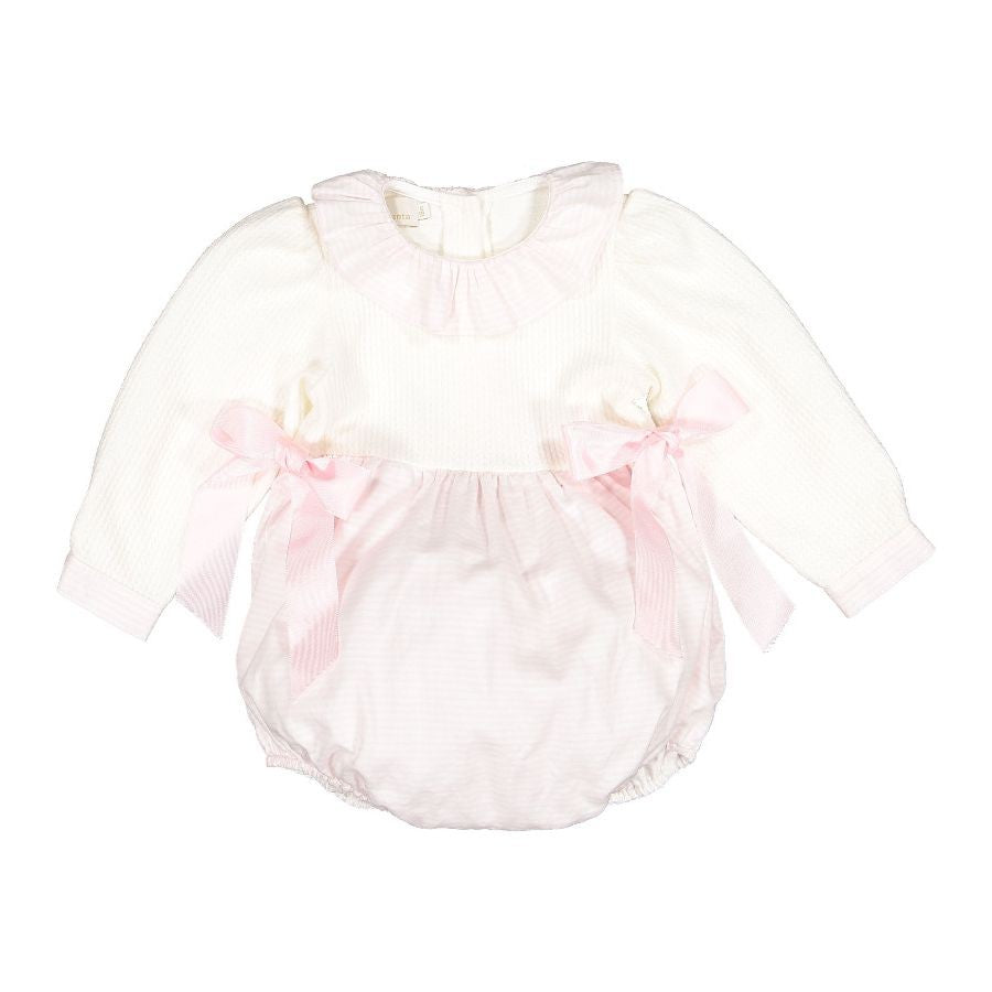 Sal & Pimenta Girls Sweater Knit Bubble - Polar Ivory with Side Bows - Pink Stripes