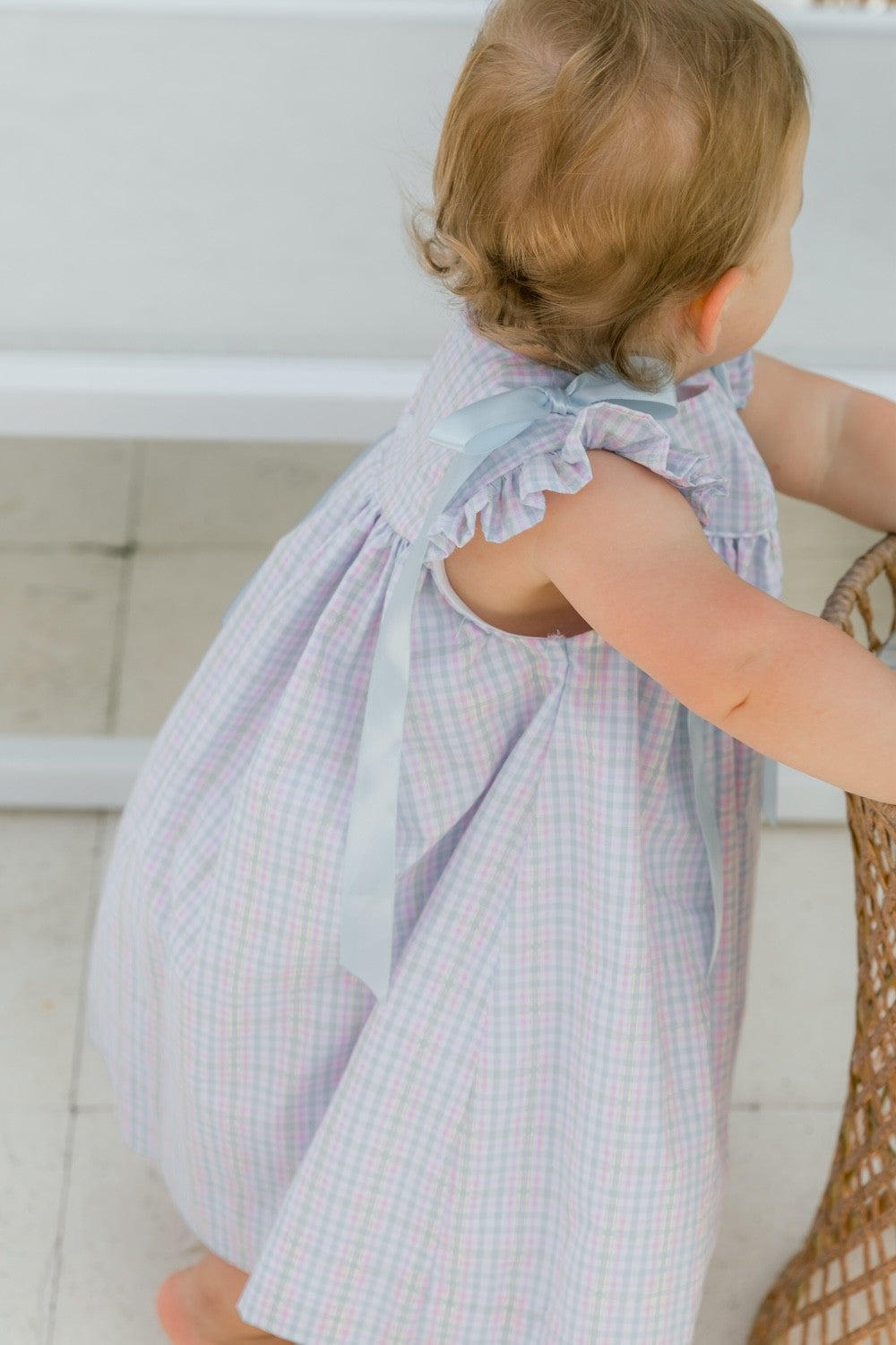 Bailey Boys Girls Float Dress - Primrose Plaid - Blue Bows at Shoulders