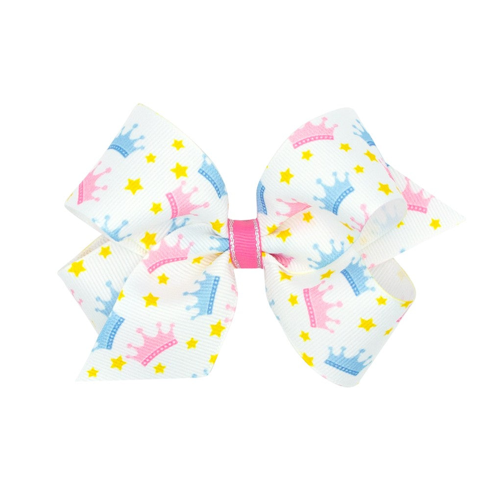Wee Ones Girls Hair Bow on Clip - Pink & Blue Crowns Print