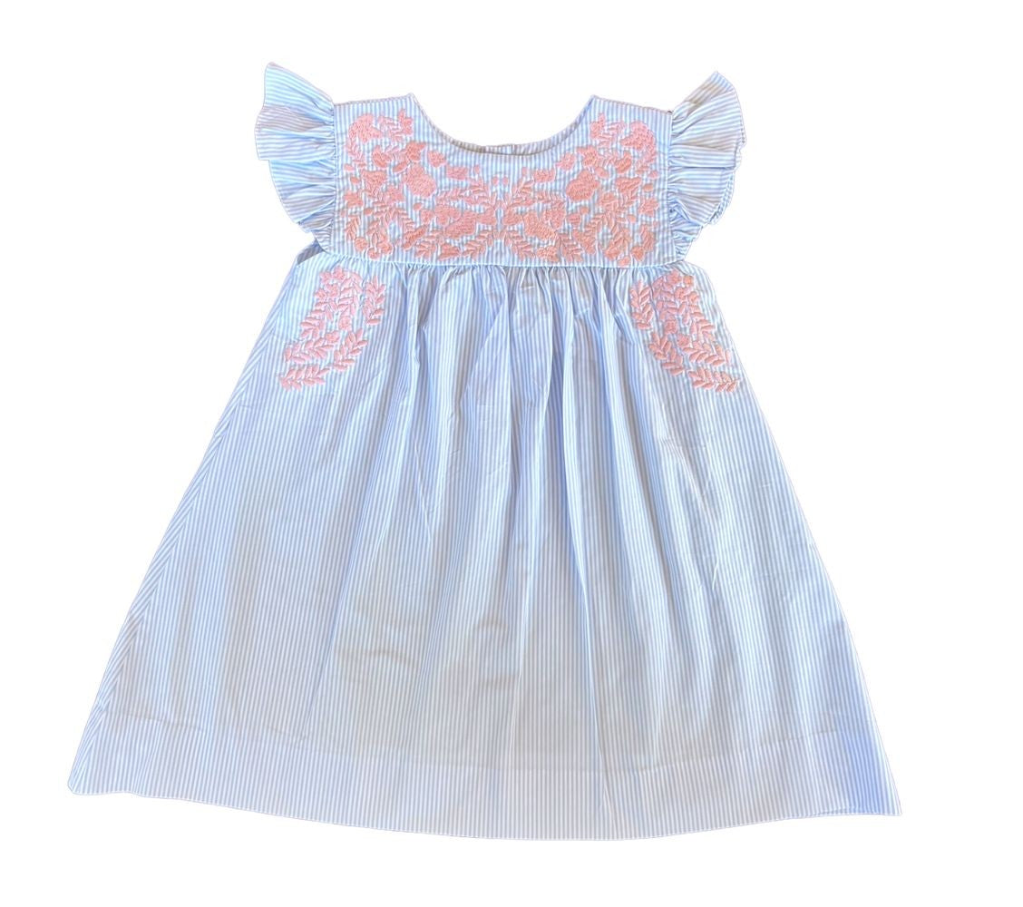 Shop Teeta Girls Blue Emilia Dress - Pink Embroidery