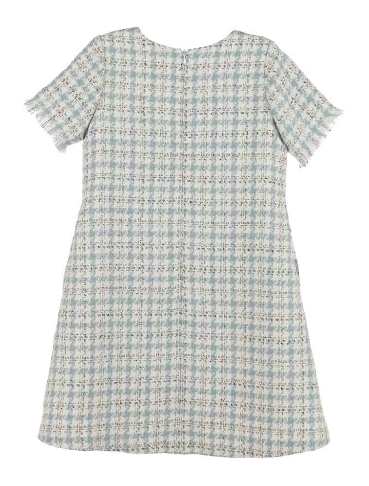 Luli & Me Gabby Girls Blue Plaid Tweed Dress - Pockets & Fringe Details