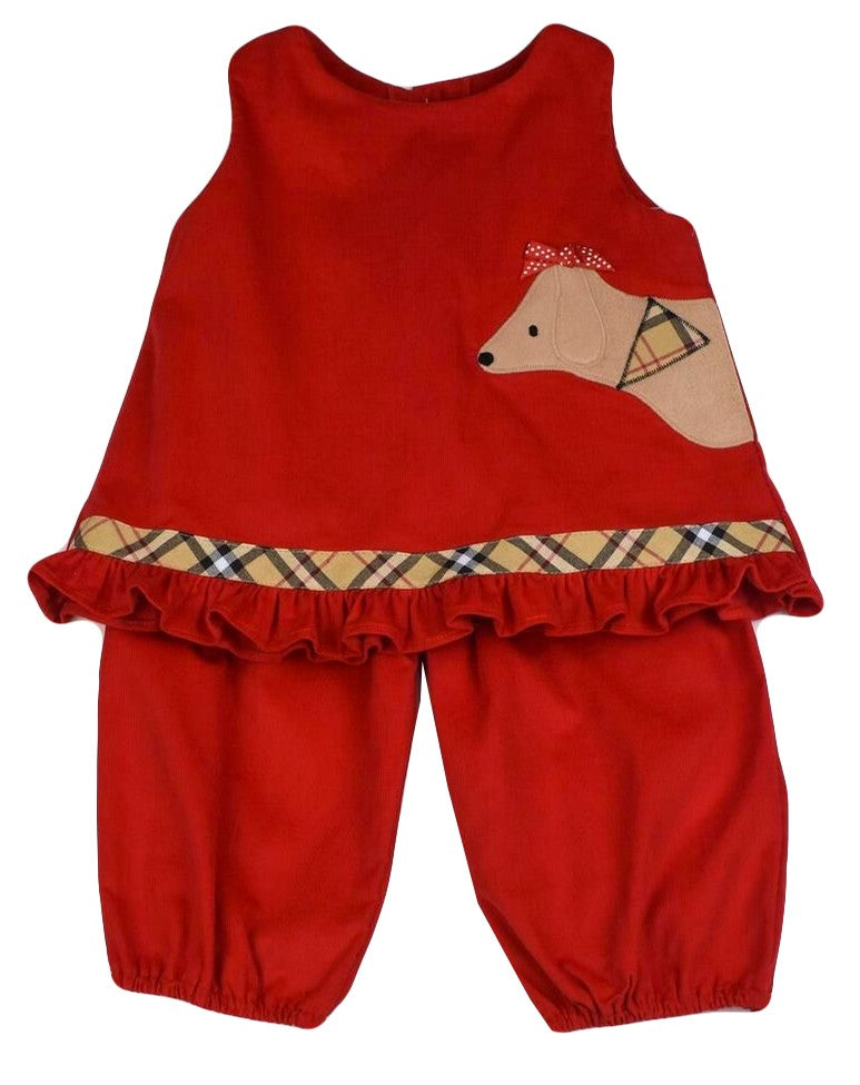 Funtasia Too Girls Red Corduroy Popover Set - Applique Dog