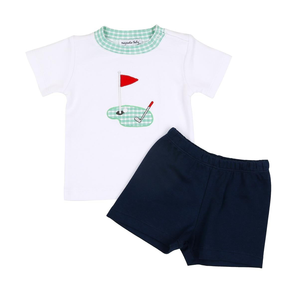 Magnolia Baby Boys Hole in One Golf Applique Shirt with Navy Blue Shorts