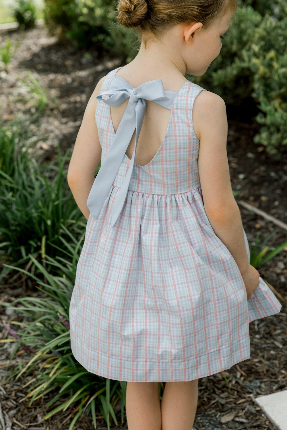 Bailey Boys Girls Dress - Citrus Plaid - Blue Bow on Back