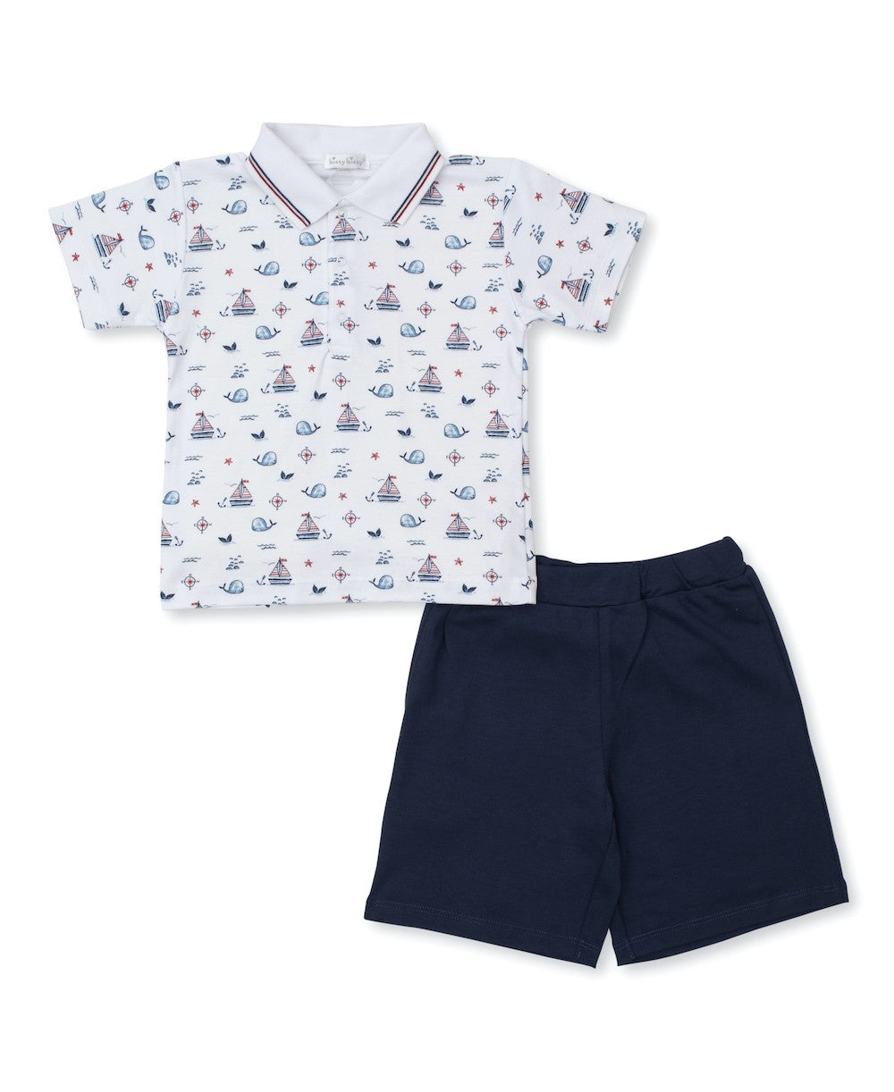 Kissy Kissy Toddler Boys Polo Shirt & Shorts - Navy Blue Sails & Whales