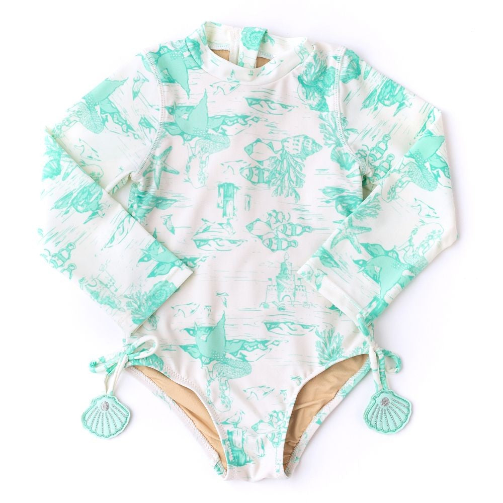 Shade Critters Girls One Piece Long Sleeve Swimsuit - Aqua Mermaid Toile