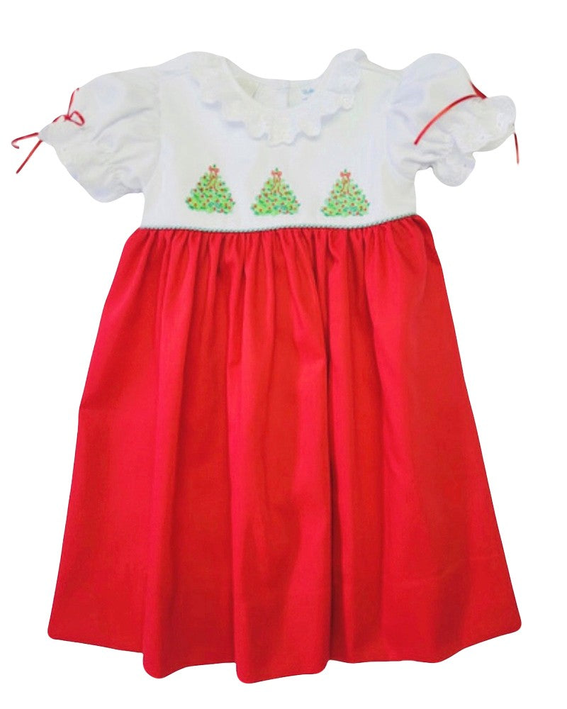 The Best Dressed Child Girls Red Embroidered Christmas Trees Dress