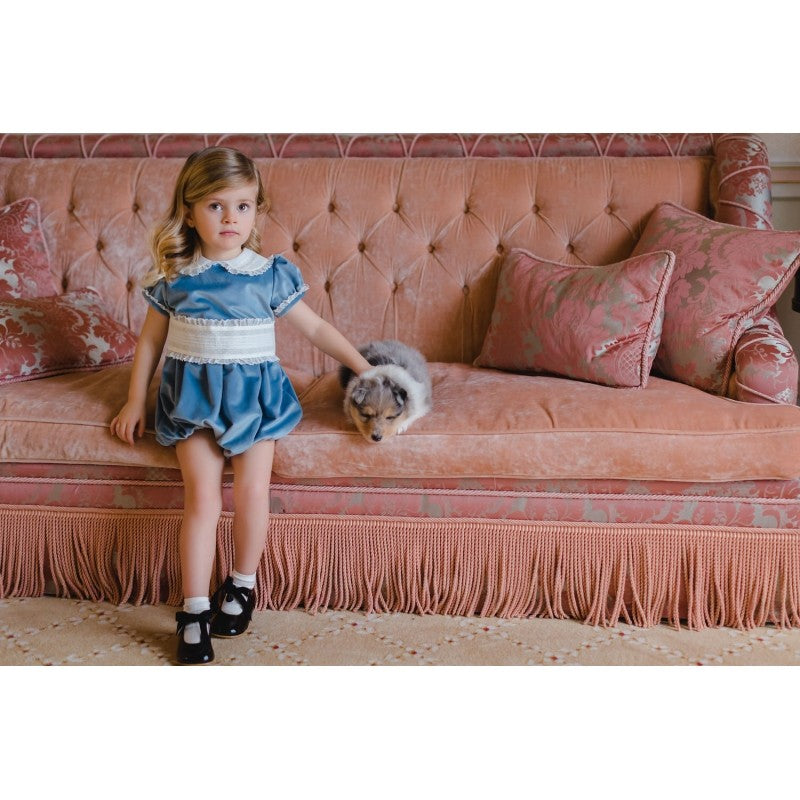 Sal & Pimenta Girls Dressy Bubble - Velvet with Cummerbund - Dusty Blue