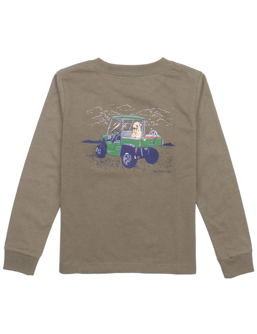 Properly Tied Boys Shirt - Logo Pocket on Front - Back Graphic - Side by Side Dog on Tan Olive