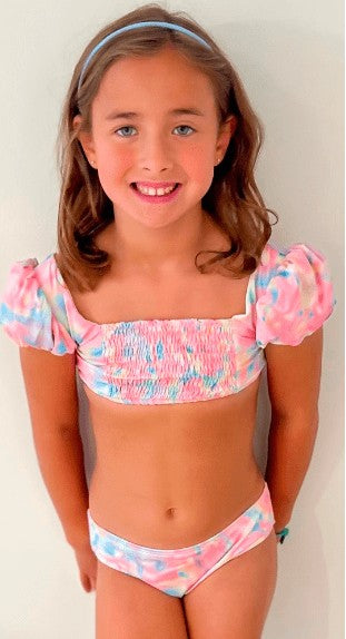 James & Lottie Be Elizabeth Girls Two Piece Smocked Swimsuit - Pastel Tie Dye Puff Sleeve