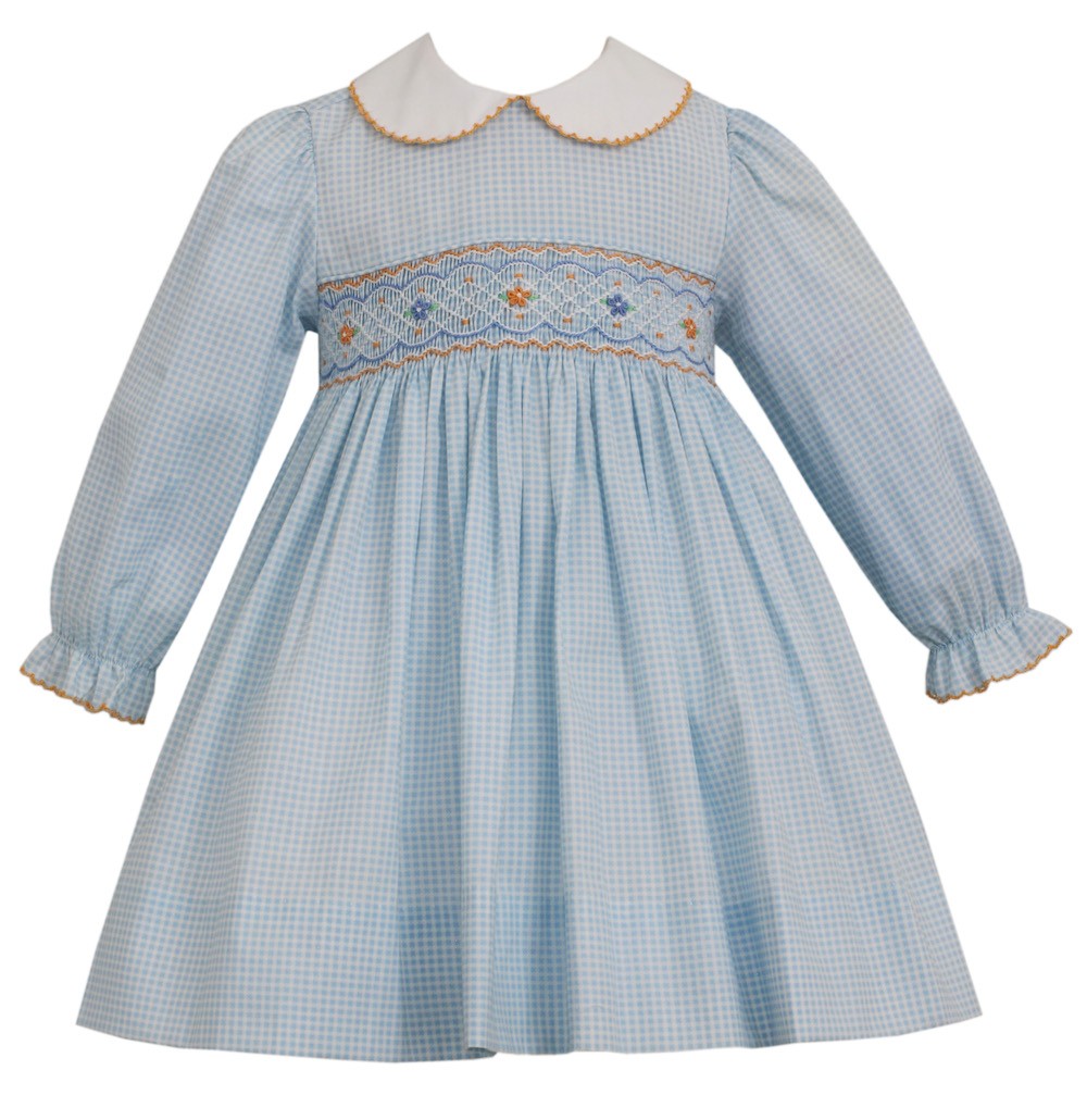 Petit Bebe Baby / Toddler Girls Smocked Collar Dress - Light Blue Check Smocked in Coral