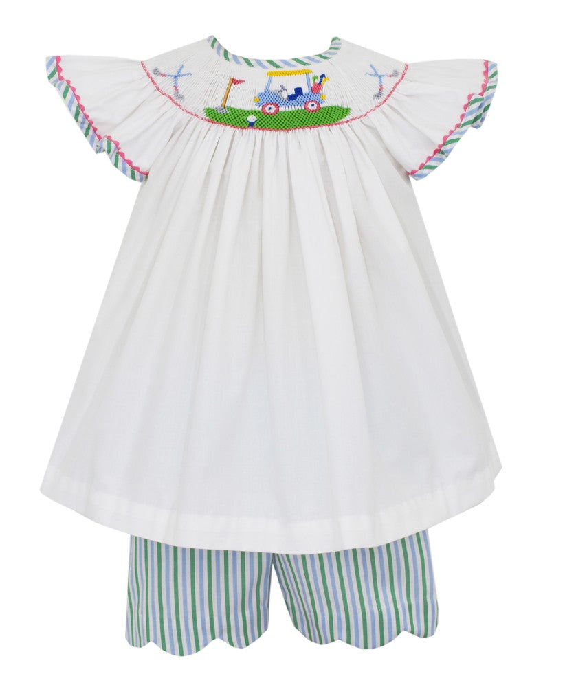 Anavini Girls Green & Blue Stripe Scallop Shorts with Top - Smocked Golf Theme by Anavini