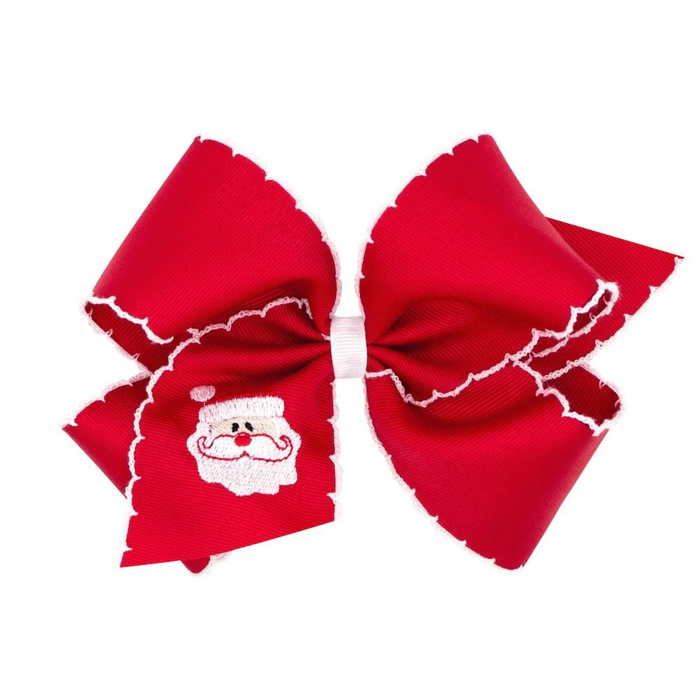 Wee Ones Girls Red Hair Bow - White Moonstitch - Santa Face Embroidery