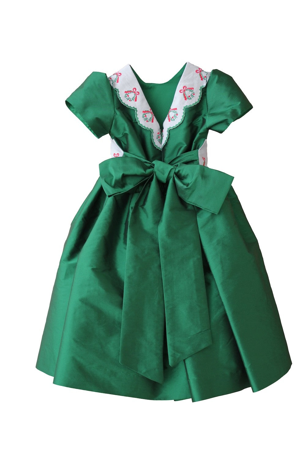 Susanne Lively Girls Taffeta Christmas Dress - Embroidered Wreath Sash - V-Back - Green